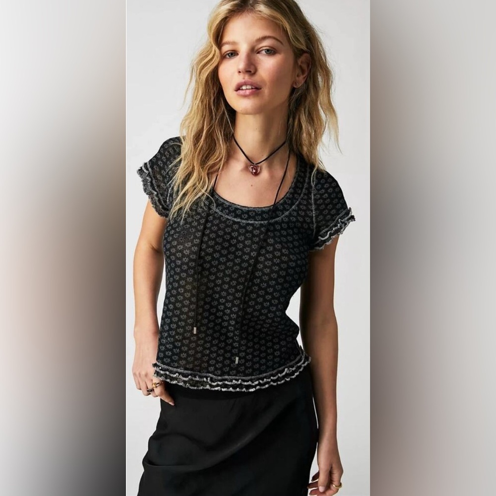 Free People Black Short Sleeve Top
